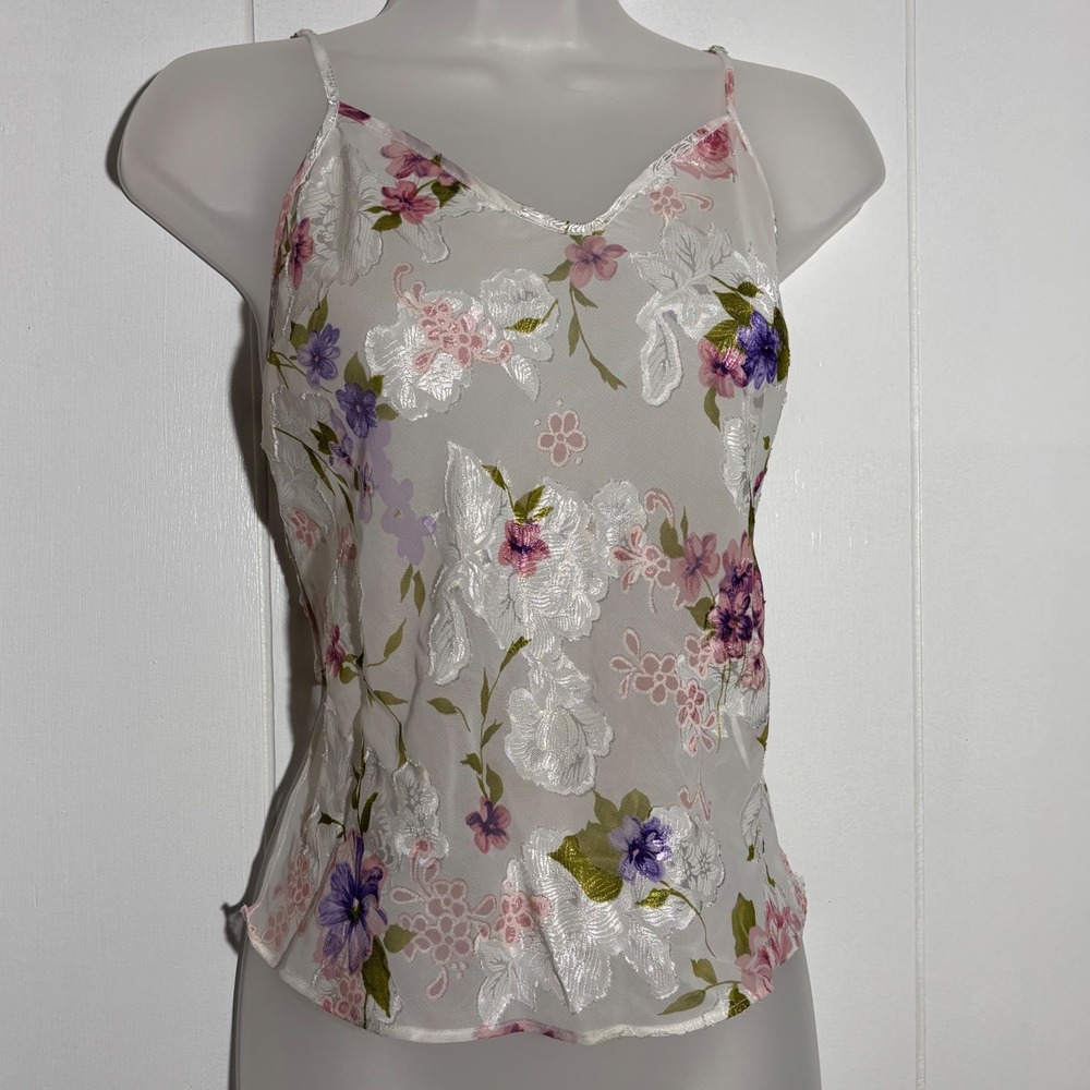 Fairy Floral Burnout Mesh Sheer Camisole Top White Purple Pink Medium Ethereal